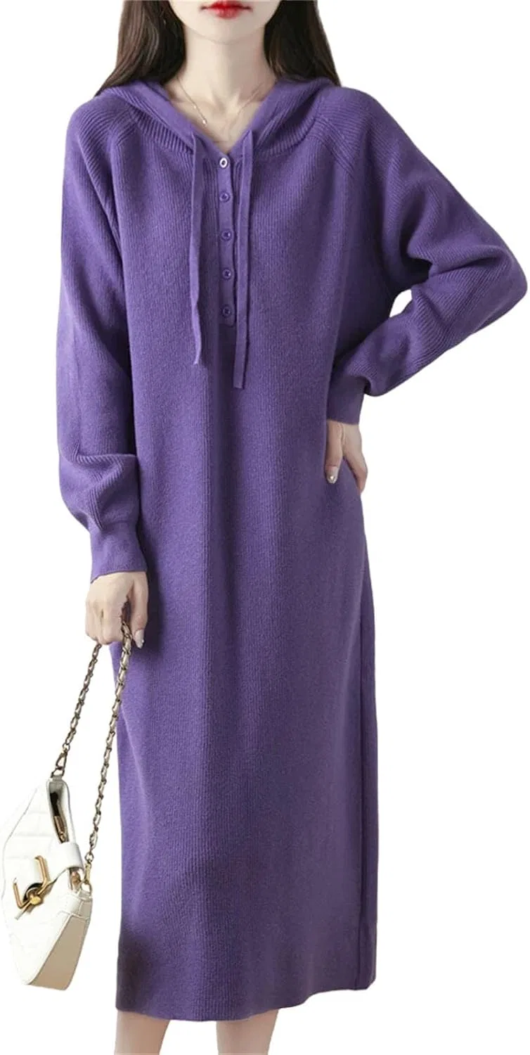 Женское свободное платье с капюшоном из шерсти Generic, Purple