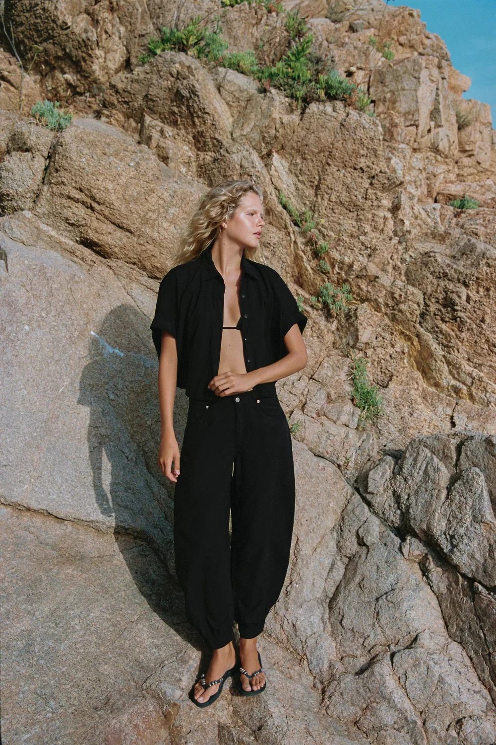 Свободная рубашка с коротким рукавом ZARA, Black