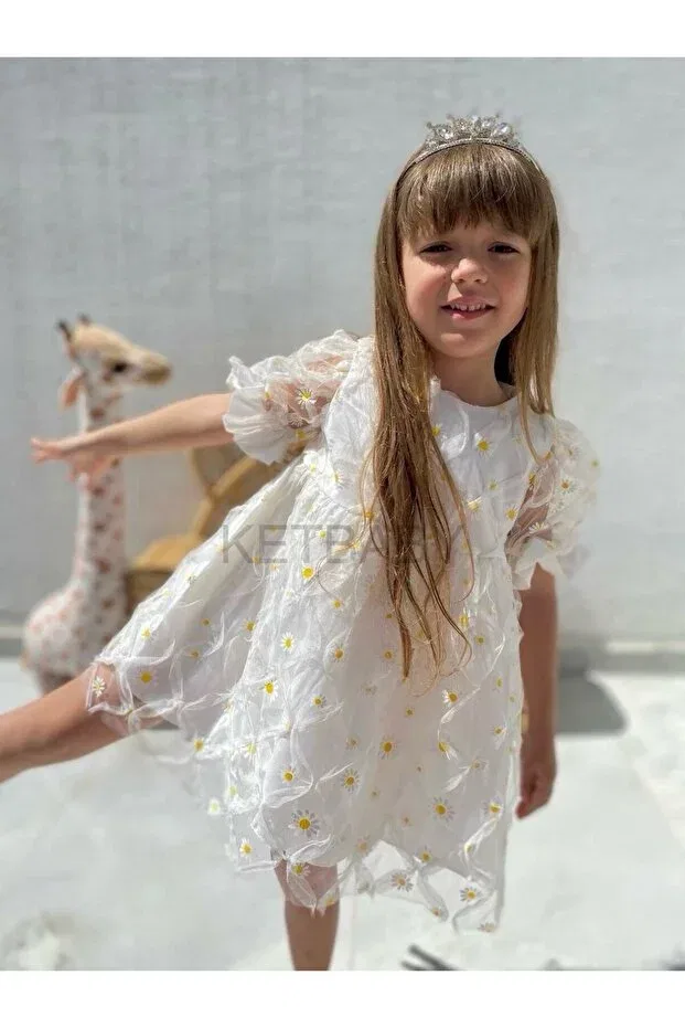 Детское платье для девочек с принтом Daisy Pattern Short Sleeve Dress Ketbaby, White — фото 4