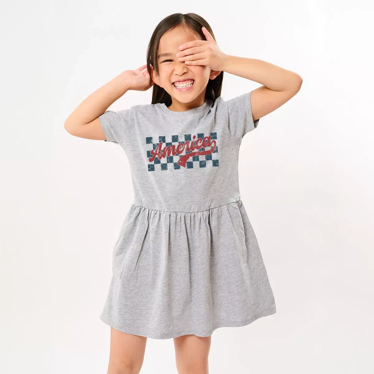 Детское платье для девочек с коротким рукавом Checkered America Retro The Juniper Shop, Heather Grey