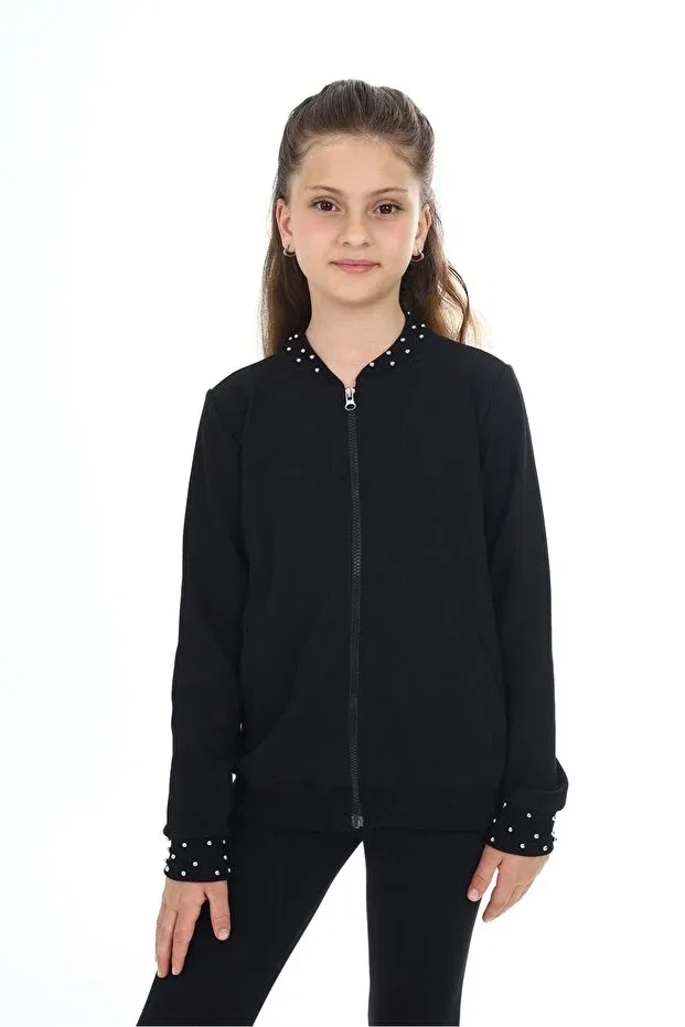 Детский кардиган для девочек с принтом Black Girls' College Collar Zippered Pocket Beaded Knitted Cardigan - 2 Thread Toontoy, Black