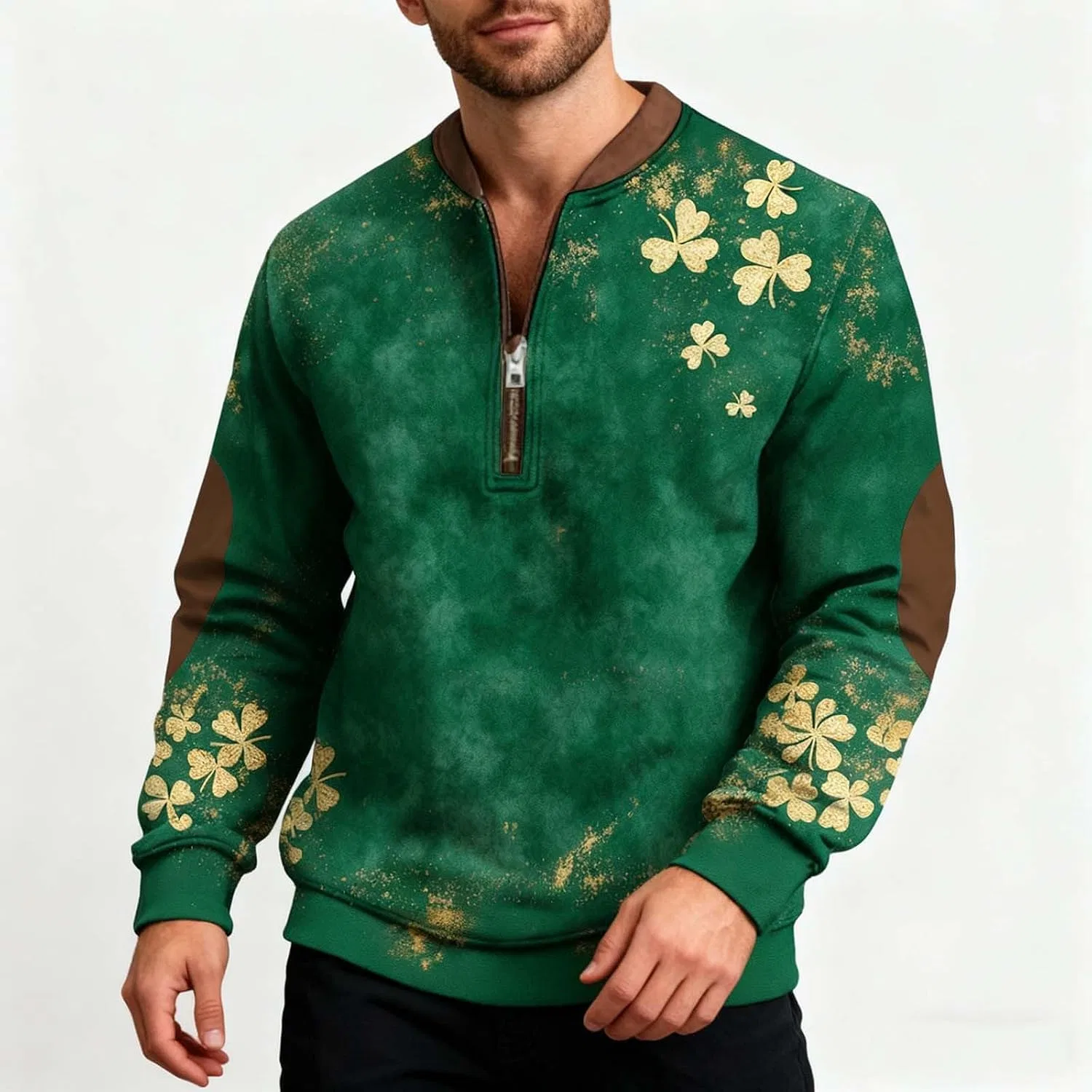 Мужская футболка с принтом клевера Quarter Zip Pullover, Green — фото 3