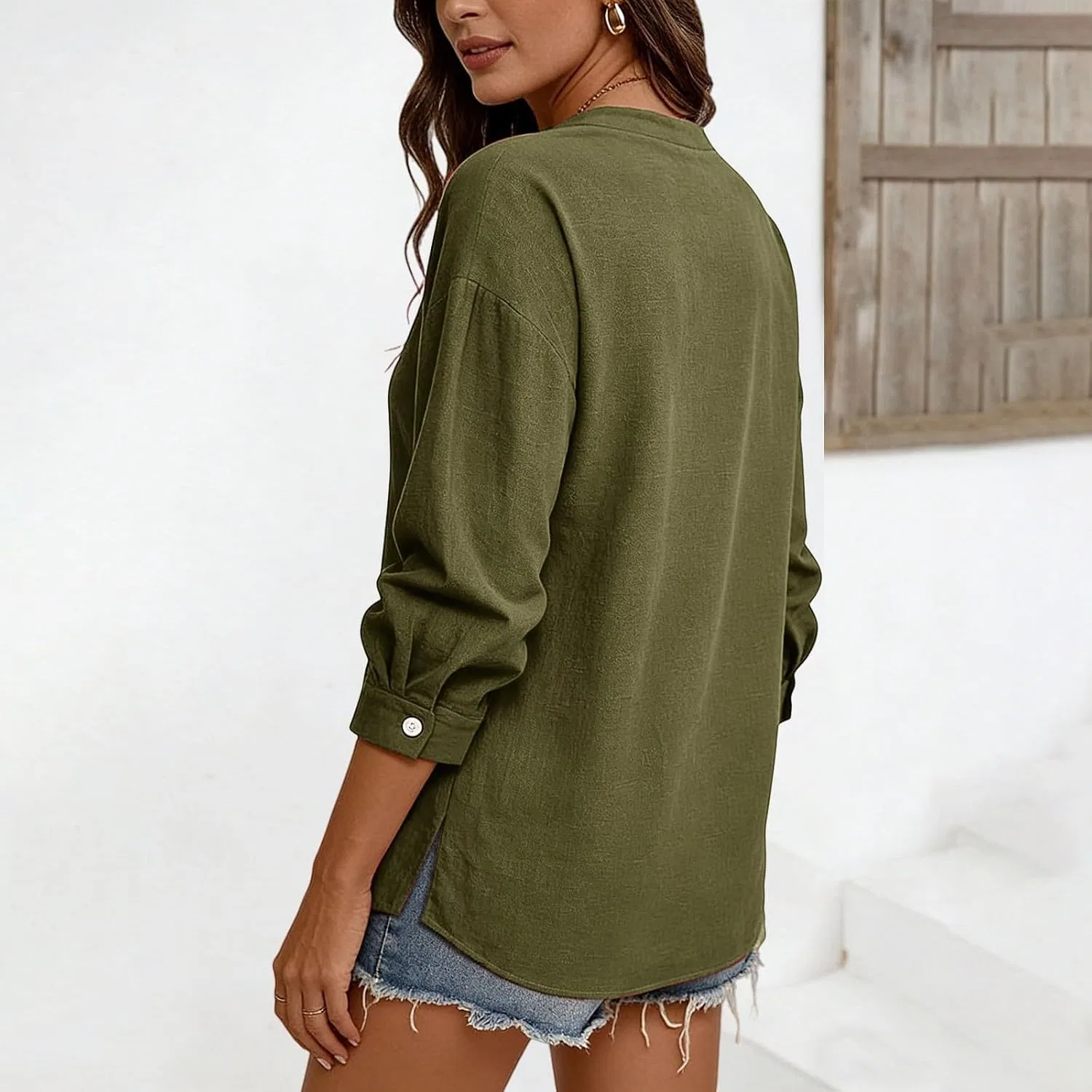 Женская туника из хлопка и льна, Oversized V Neck, коричневый — фото 3