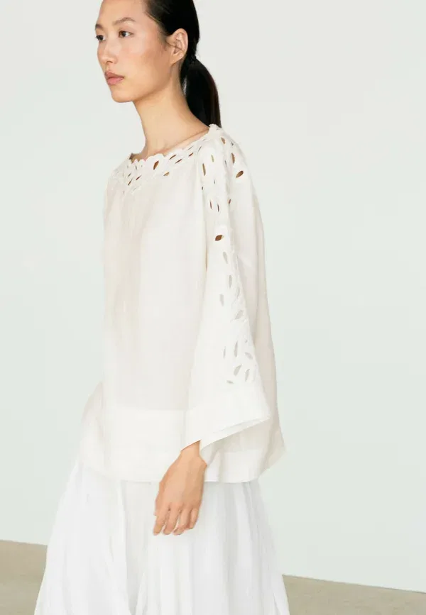Блуза оверсайз из льна с вышивкой Blouse Massimo Dutti, бежевый — фото 2