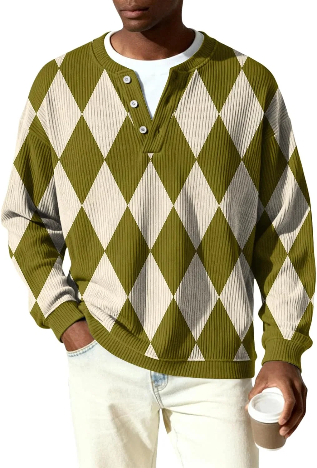 Мужская футболка с длинным рукавом, Ribbed Knit Henley, армейский зелёный — фото 3