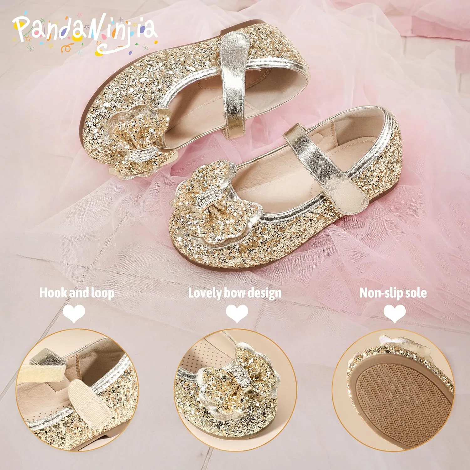 Детские балетки для девочек с цветочным принтом PANDANINJIA, Gold Sequin — фото 4