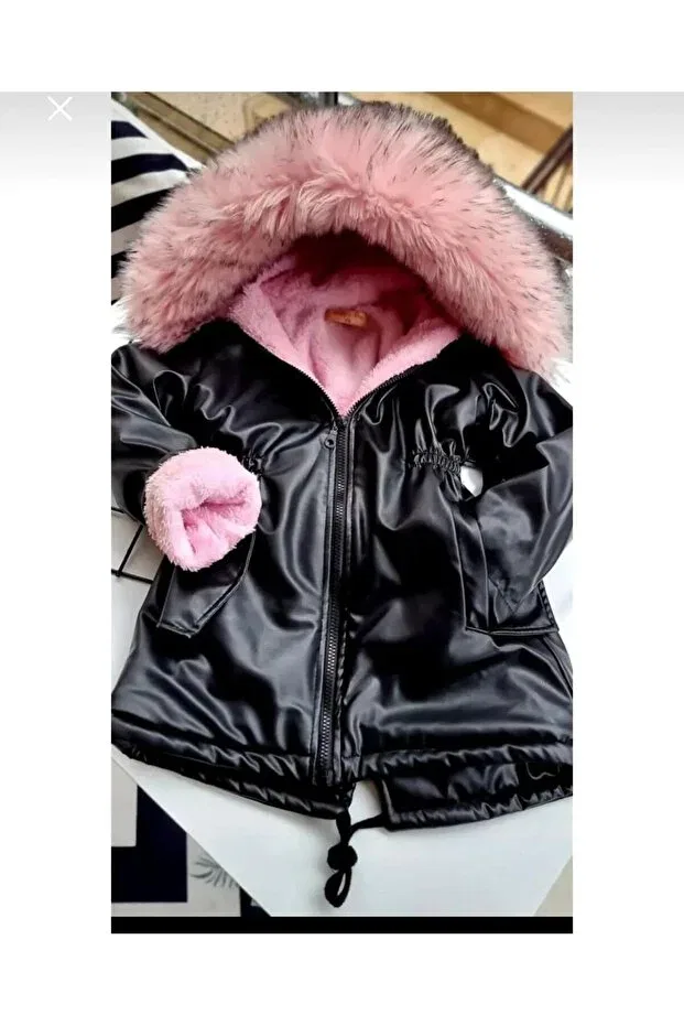 Детское пальто для девочек искусственная кожа с капюшоном Ysferbutik, Black