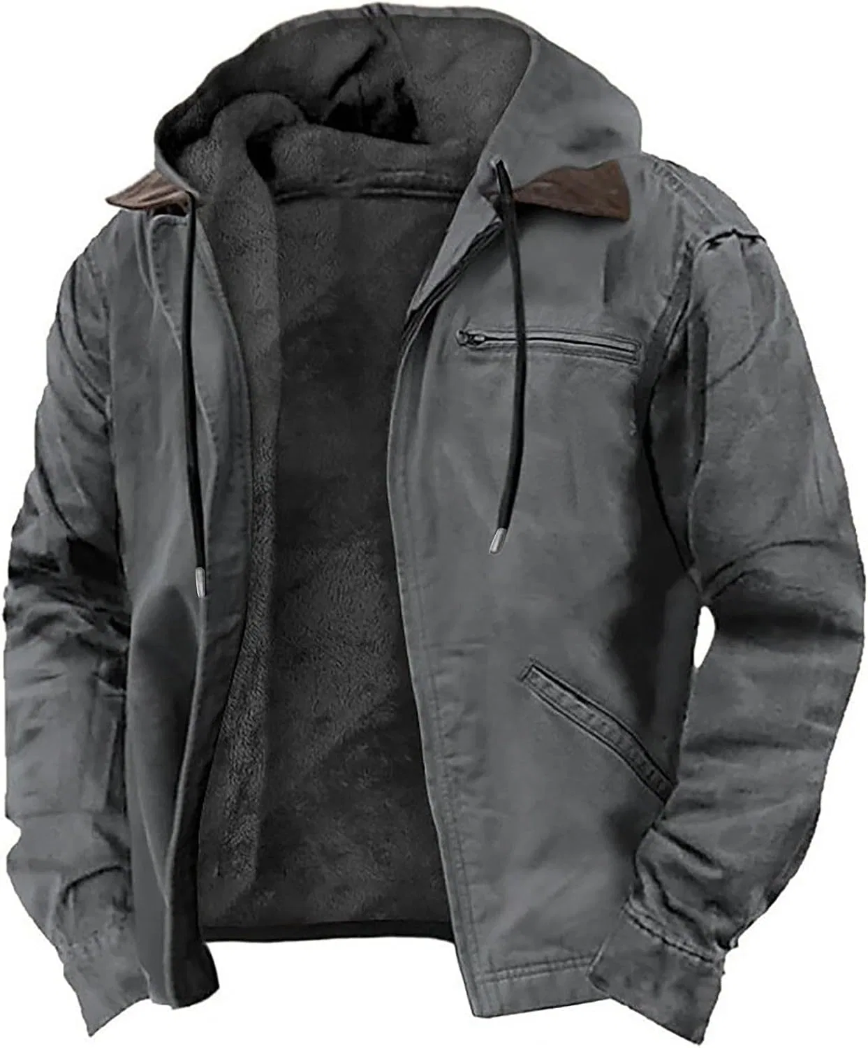 Мужское зимнее пальто с капюшоном, на молнии, с флисовой подкладкой, Vintage Cargo Jacket, серый