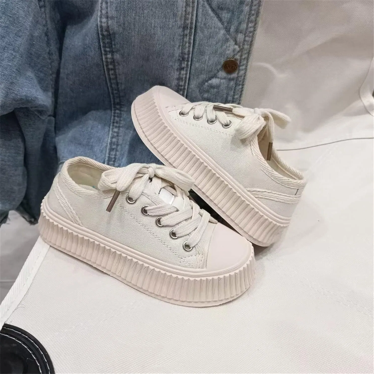 Детские кеды на платформе без шнуровки для мальчиков и девочек, Beige — фото 2