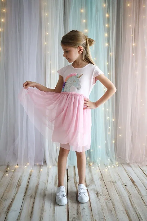 Детское платье для девочек с принтом Unicorn dress with tulle skirt Minik Dolap, Pink — фото 2