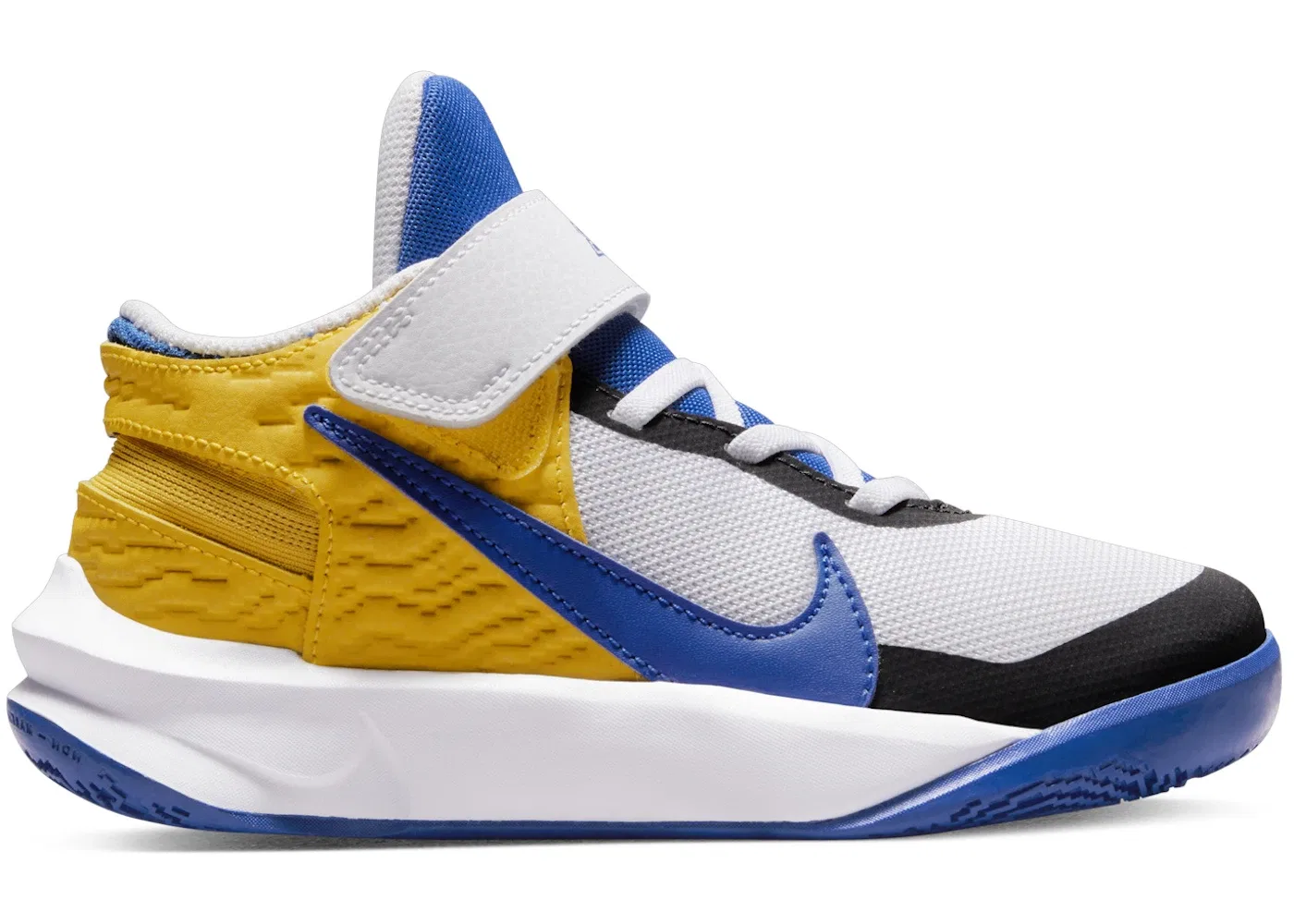 Детские кроссовки с системой FlyEase Nike Team Hustle D 10, Белый/Желтая Охра/Игровой Королевский
