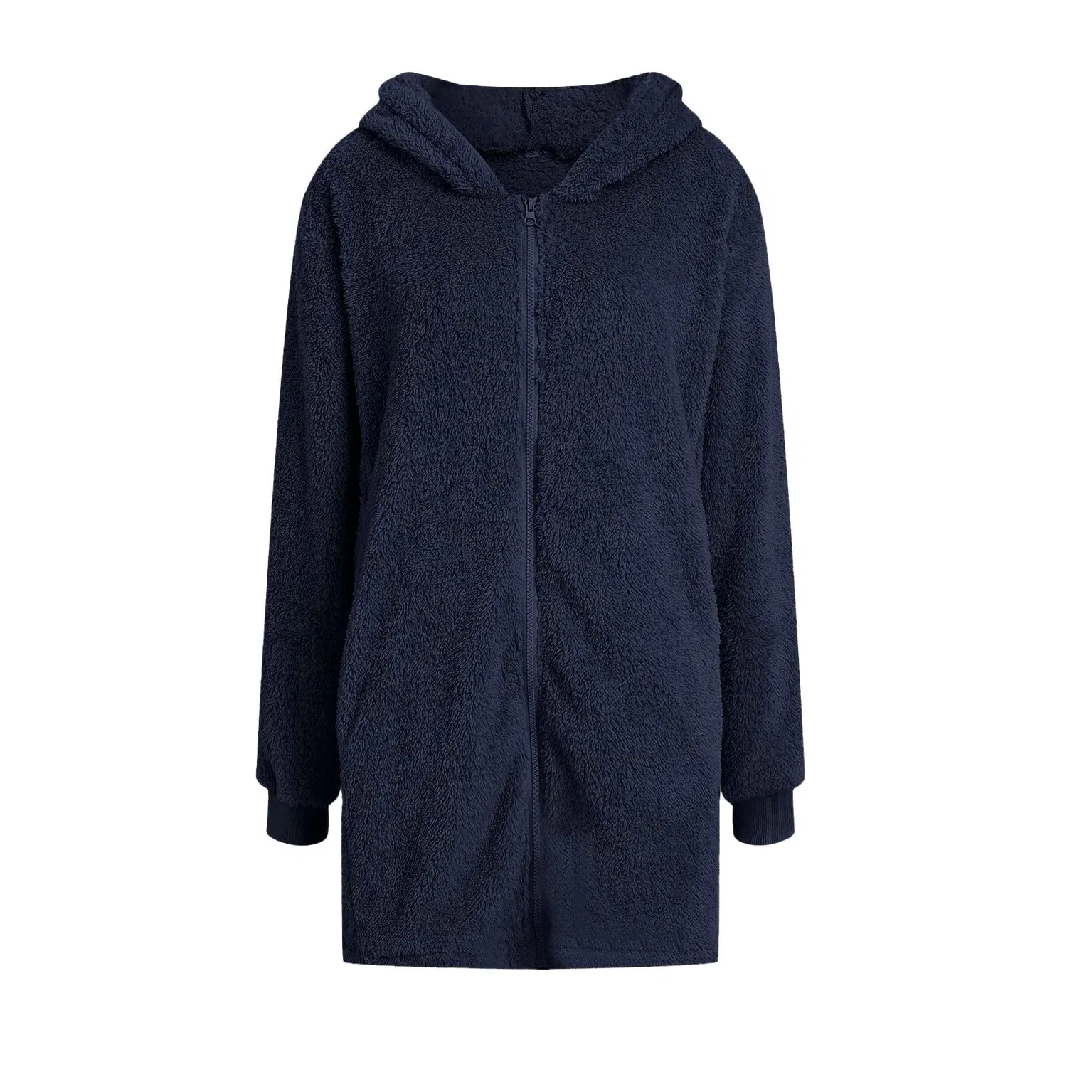 Женское длинное пальто с капюшоном и карманами Solid Color Fashion Casual Pocket Zipper With Hat Long Coat Plus Size Rain Coat Women, Navy — фото 4