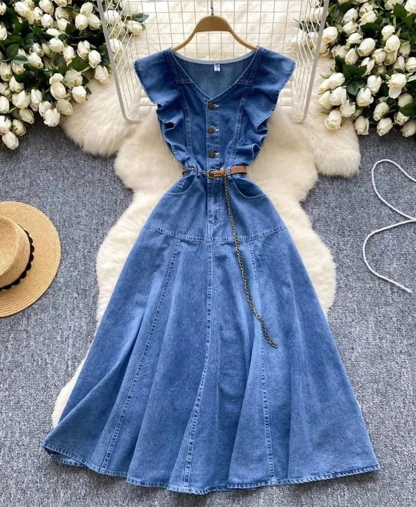 Женское винтажное джинсовое платье с вышивкой, Blue — фото 3