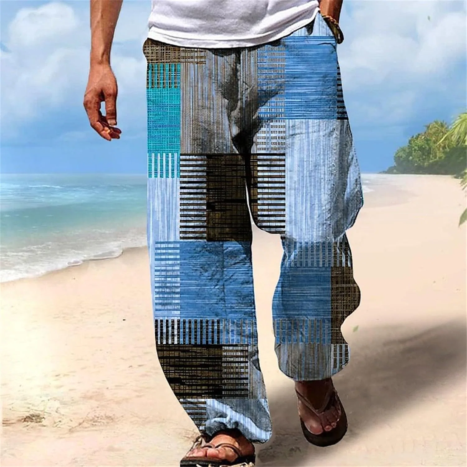 Мужские брюки свободного кроя с завязкой, Patchwork Linen, синий — фото 2