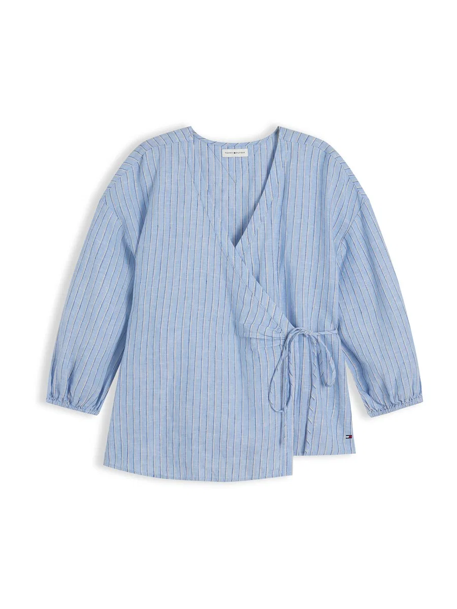 Блузка TOMMY HILFIGER 'Relaxed Fit Pure Wrap Blouse' в темно-синем и светло-голубом цветах