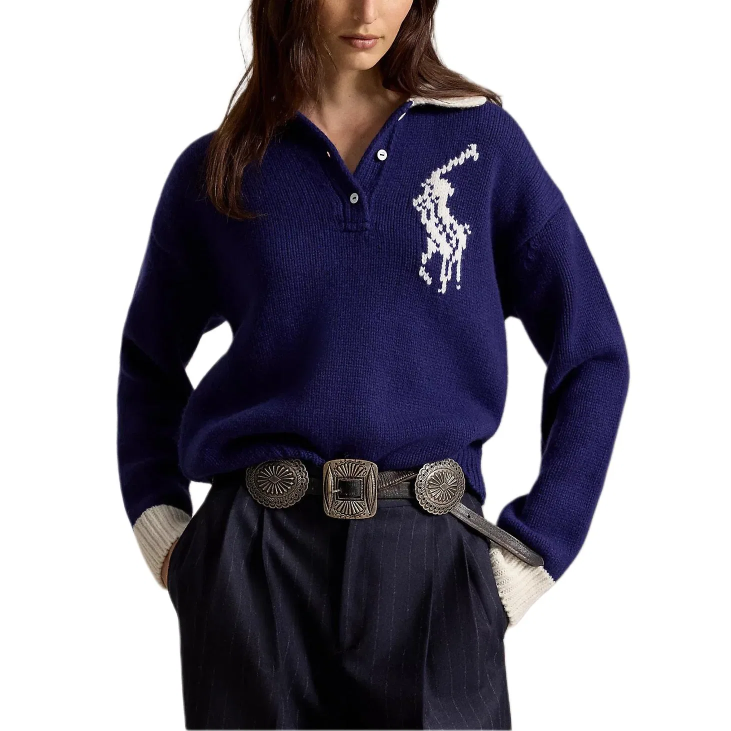 Женский свитер с воротником-поло Polo Ralph Lauren Big Pony, Blue — фото 3