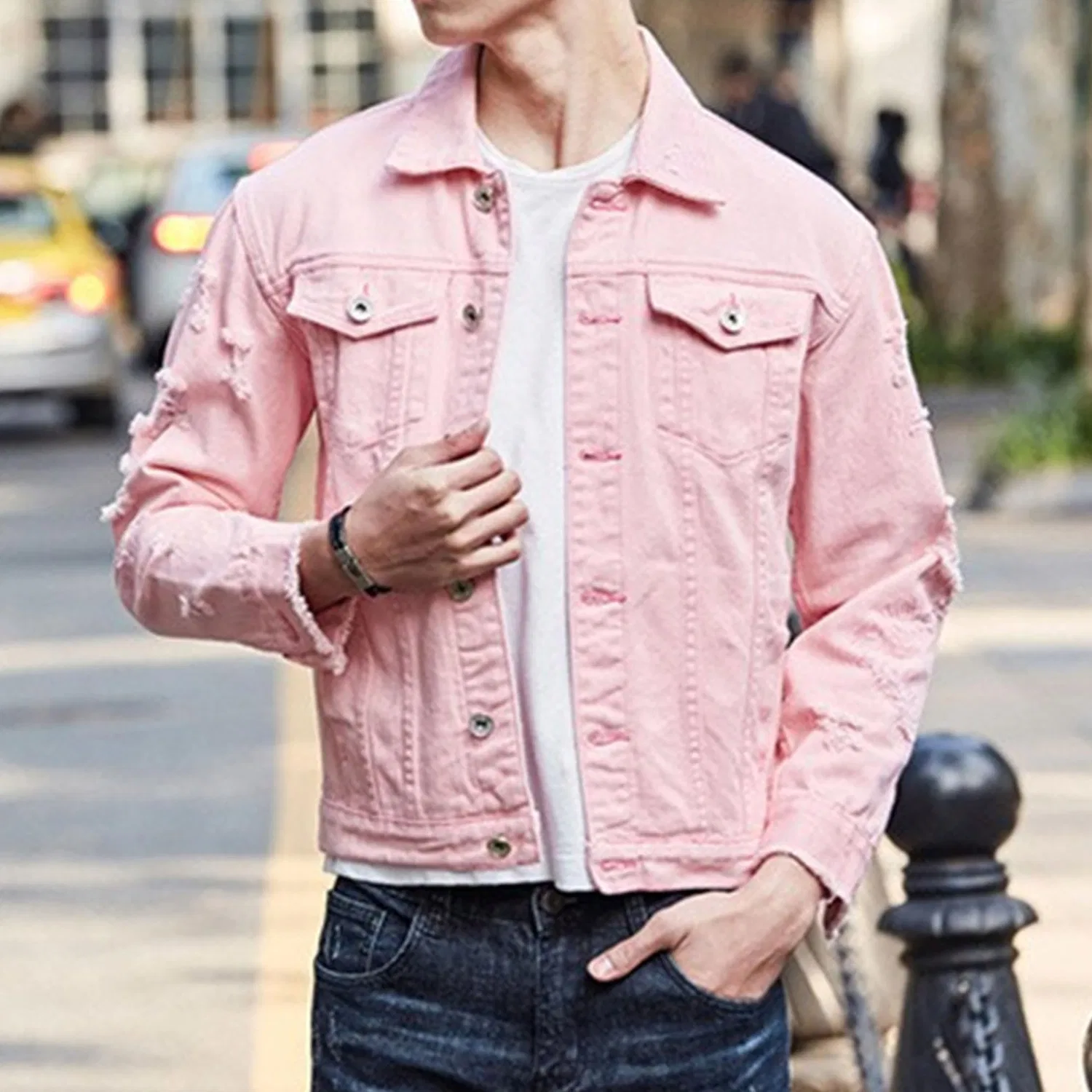 Мужская джинсовая куртка с рваным эффектом Trucker Coat, pink — фото 2
