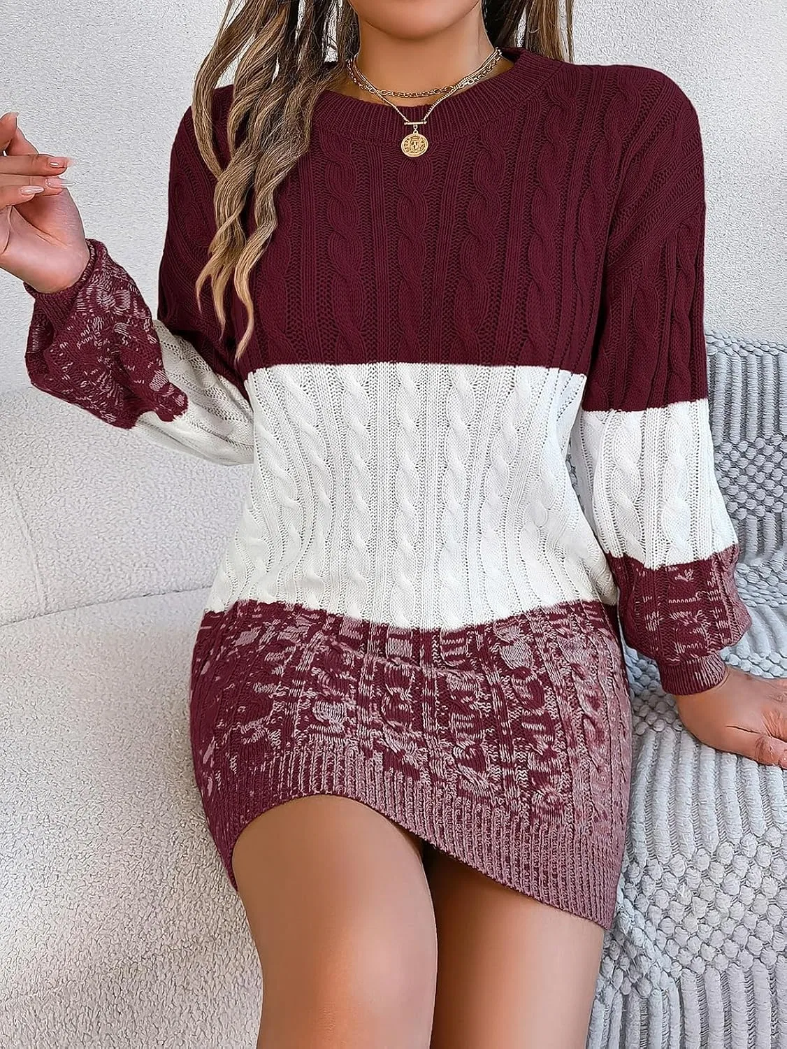 Женское облегающее платье-свитер с цветовым блоком Puff Sleeves, 10 — фото 2