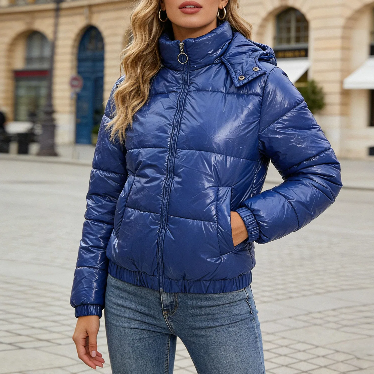 Женская короткая стеганая куртка с высоким воротником, Blu reale — фото 2