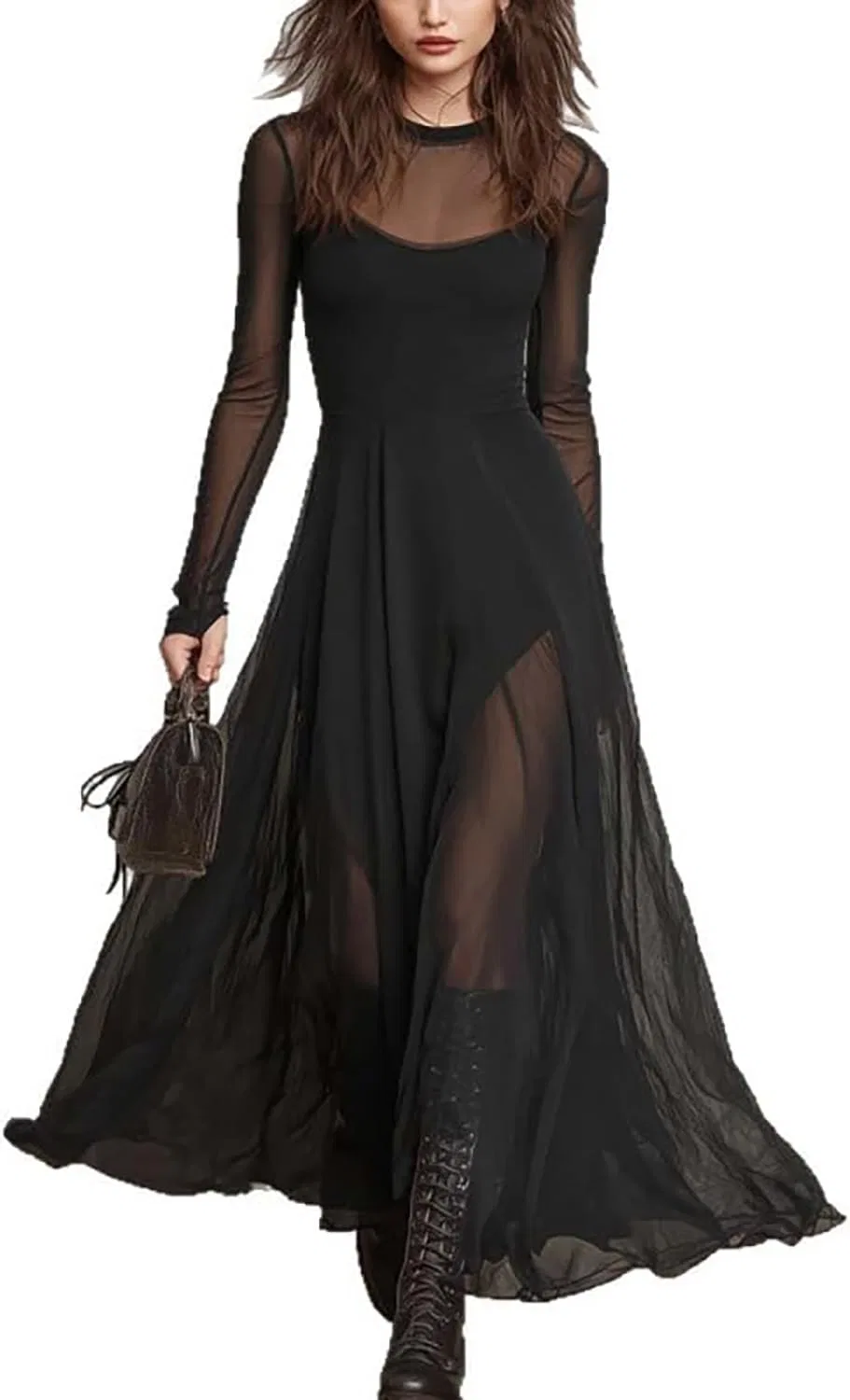 Женское длинное облегающее платье из сетки с длинным рукавом, Black