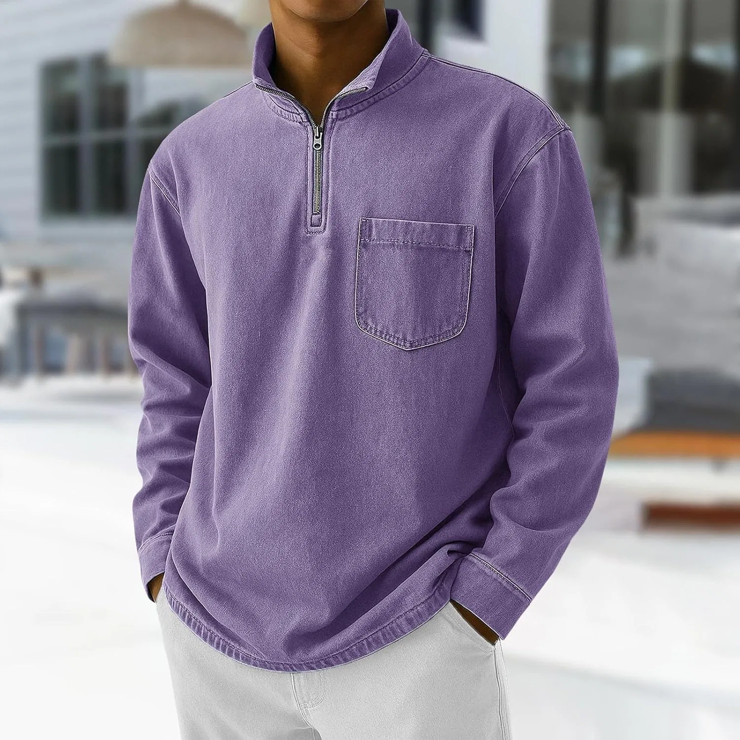 Мужская футболка с четверть-застежкой поло Quarter Zip Polo Pullover Shirts for Men, Purple — фото 2