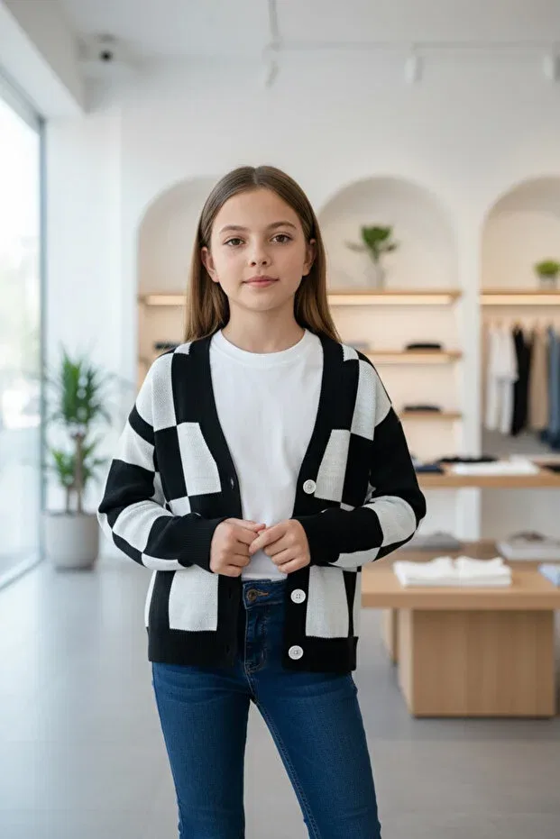 Детский вязаный кардиган с шахматным узором V-образным вырезом Minimoda Kids, Black