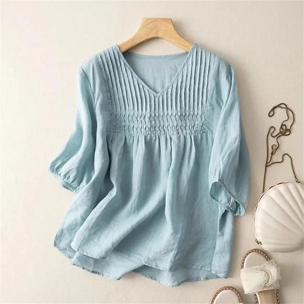 Женская свободная рубашка оверсайз из льна и хлопка, Light Blue — фото 3