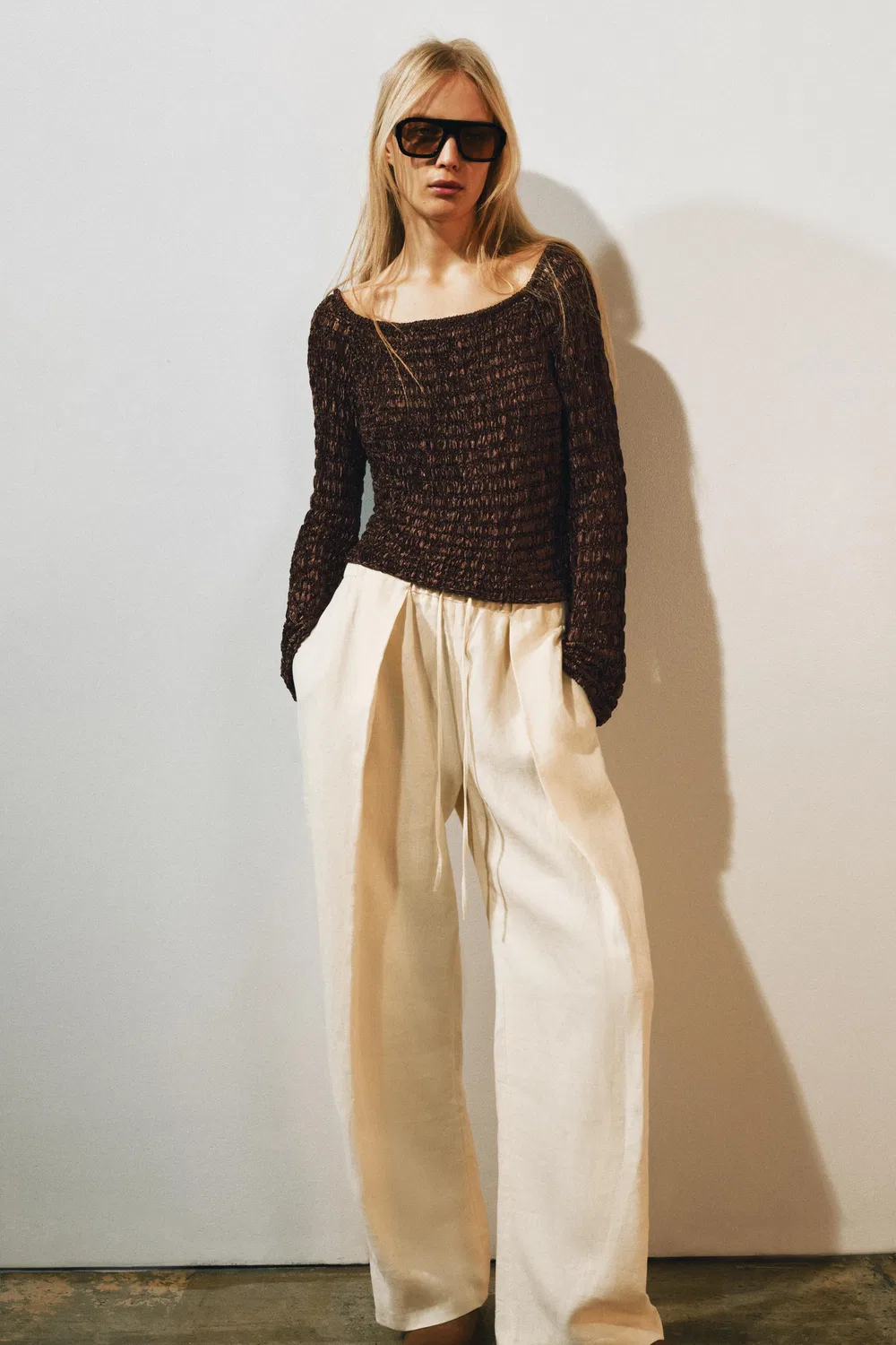 Вязаный джемпер с вырезом-лодочкой ZARA, Brown