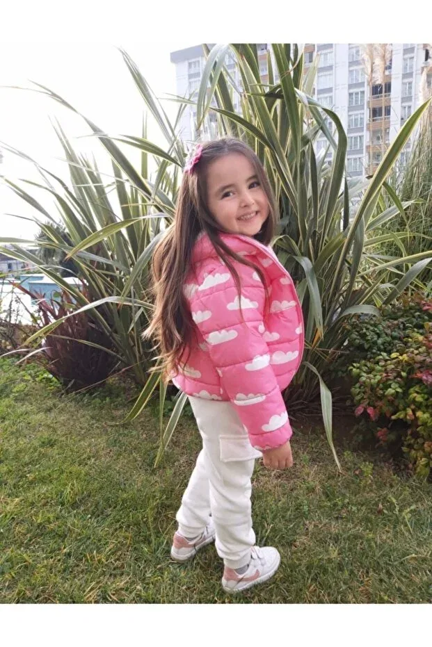 Детский комплект для девочек с принтом Cloud Printed Coat and Tracksuit Set 3 Pieces Pink Hippo Kids, Pink-White — фото 3
