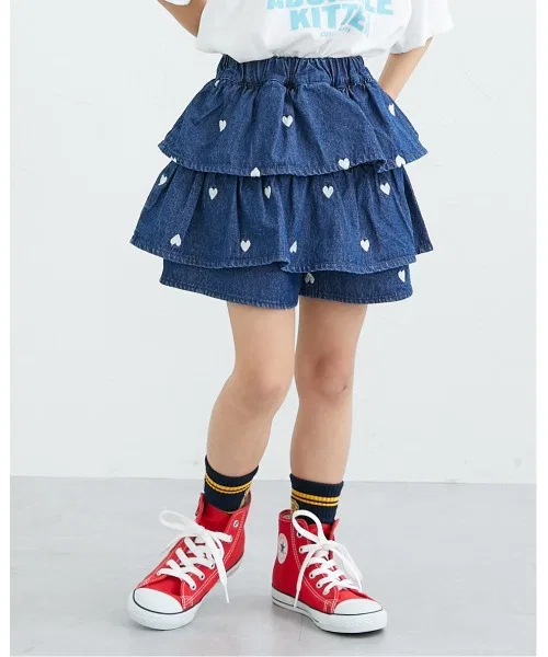 Детские джинсовые шорты-юбка с вышивкой в виде сердечек, модель Heart Embroidery Denim Tiered Pants-in-Skirt QUNTSTYLE, Navy