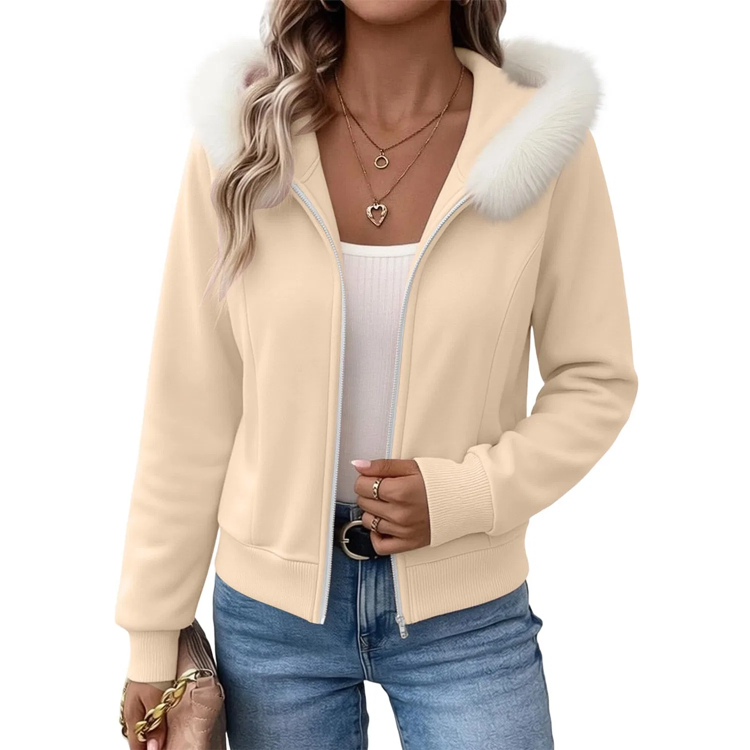 Женское пальто с капюшоном из искусственного меха с длинным рукавом, Beige 1 — фото 2