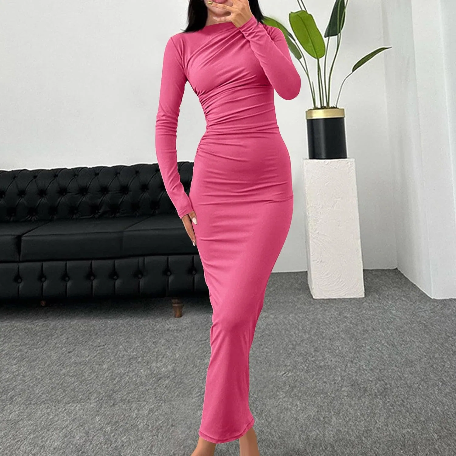 Женское облегающее макси-платье с длинным рукавом, Hot Pink — фото 2