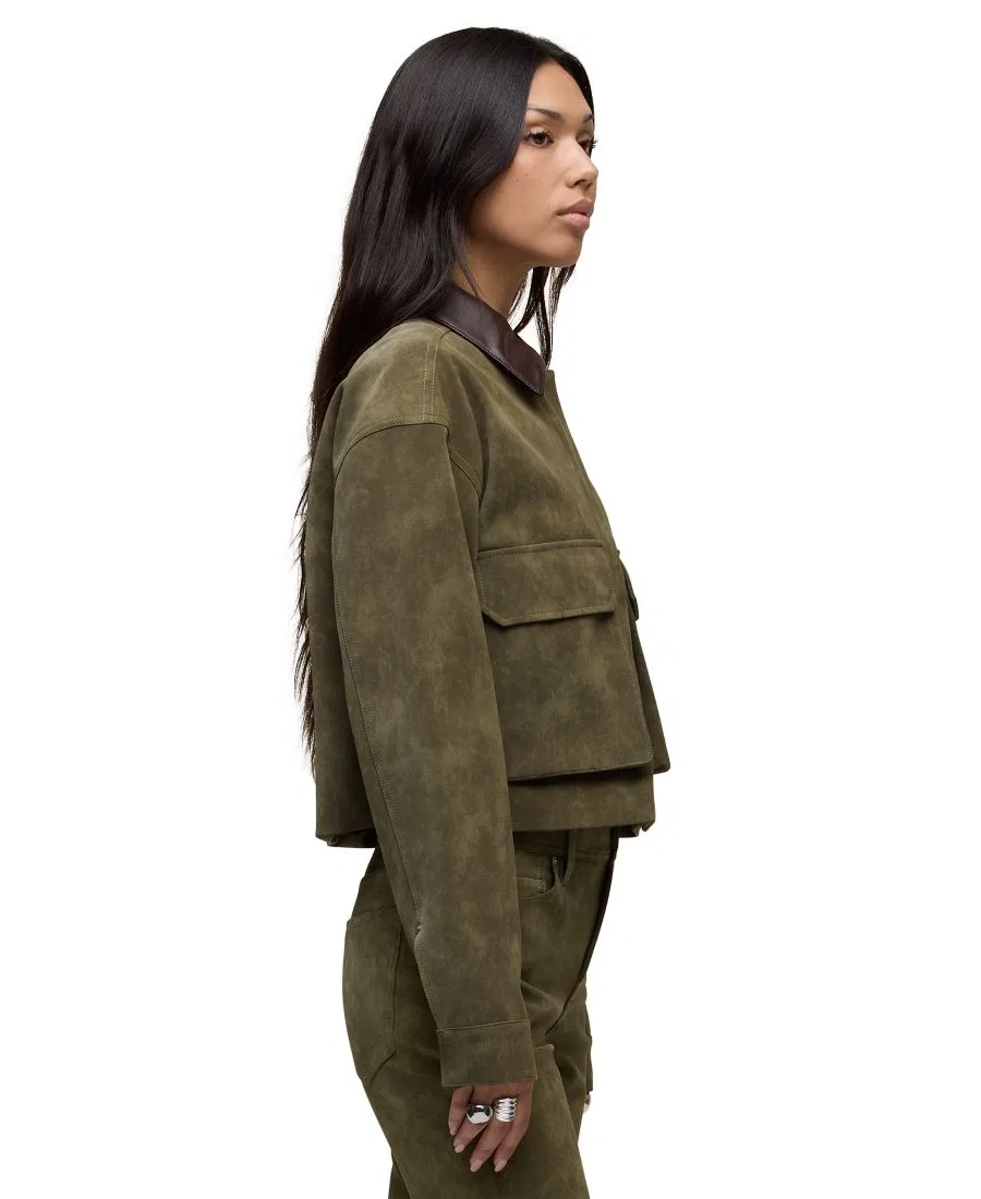 Женская куртка-чукка из экокожи с утилитарным кроем, укороченная Hudson Jeans, Army Green — фото 3