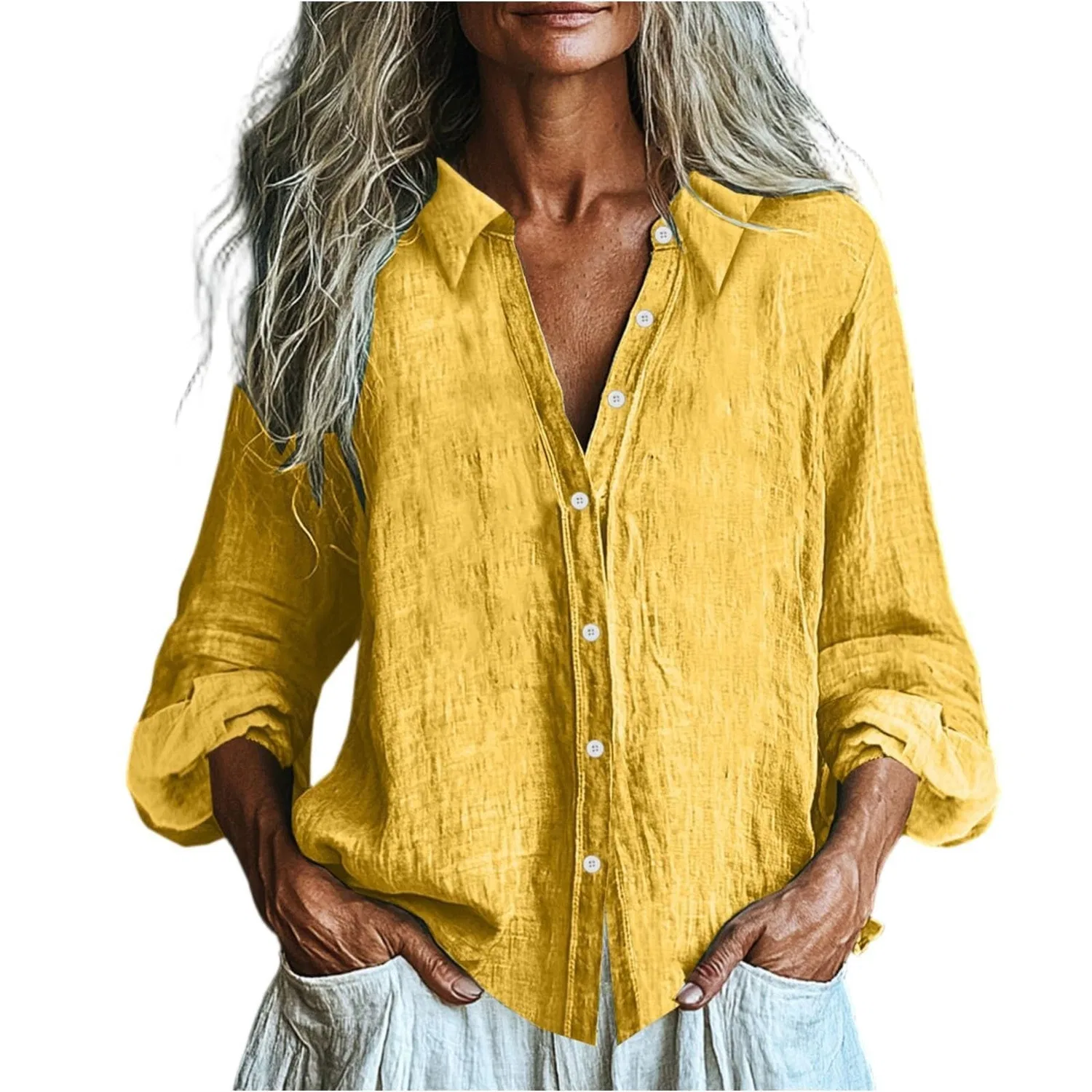 Женская льняная блузка свободного кроя с длинным рукавом, Yellow