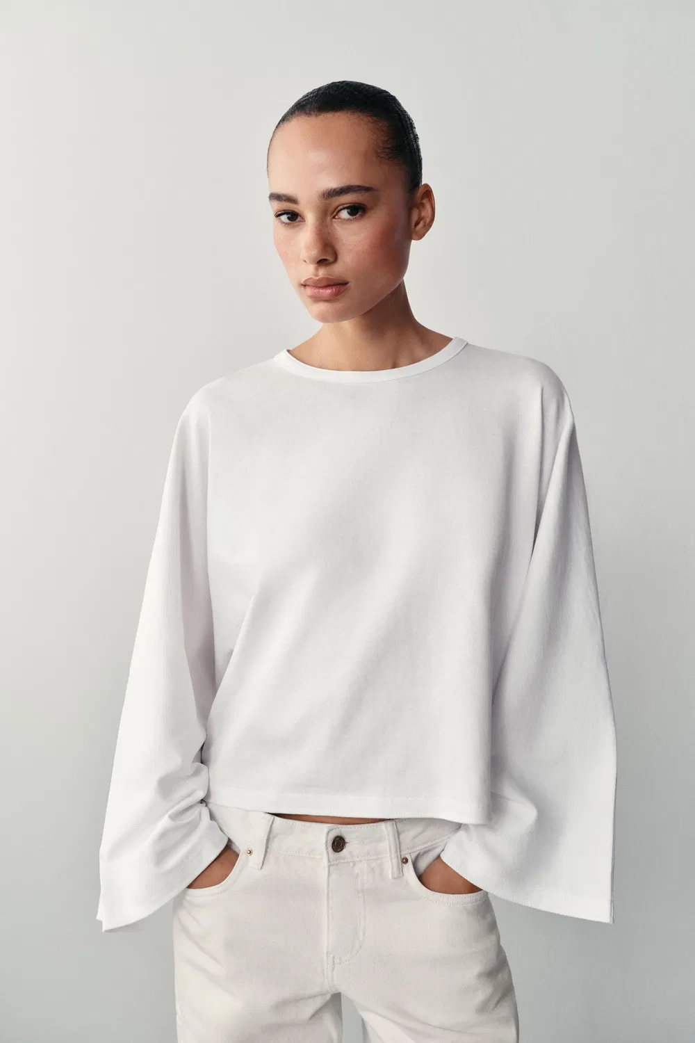 Хлопковая футболка с широкими рукавами ZARA, White — фото 2
