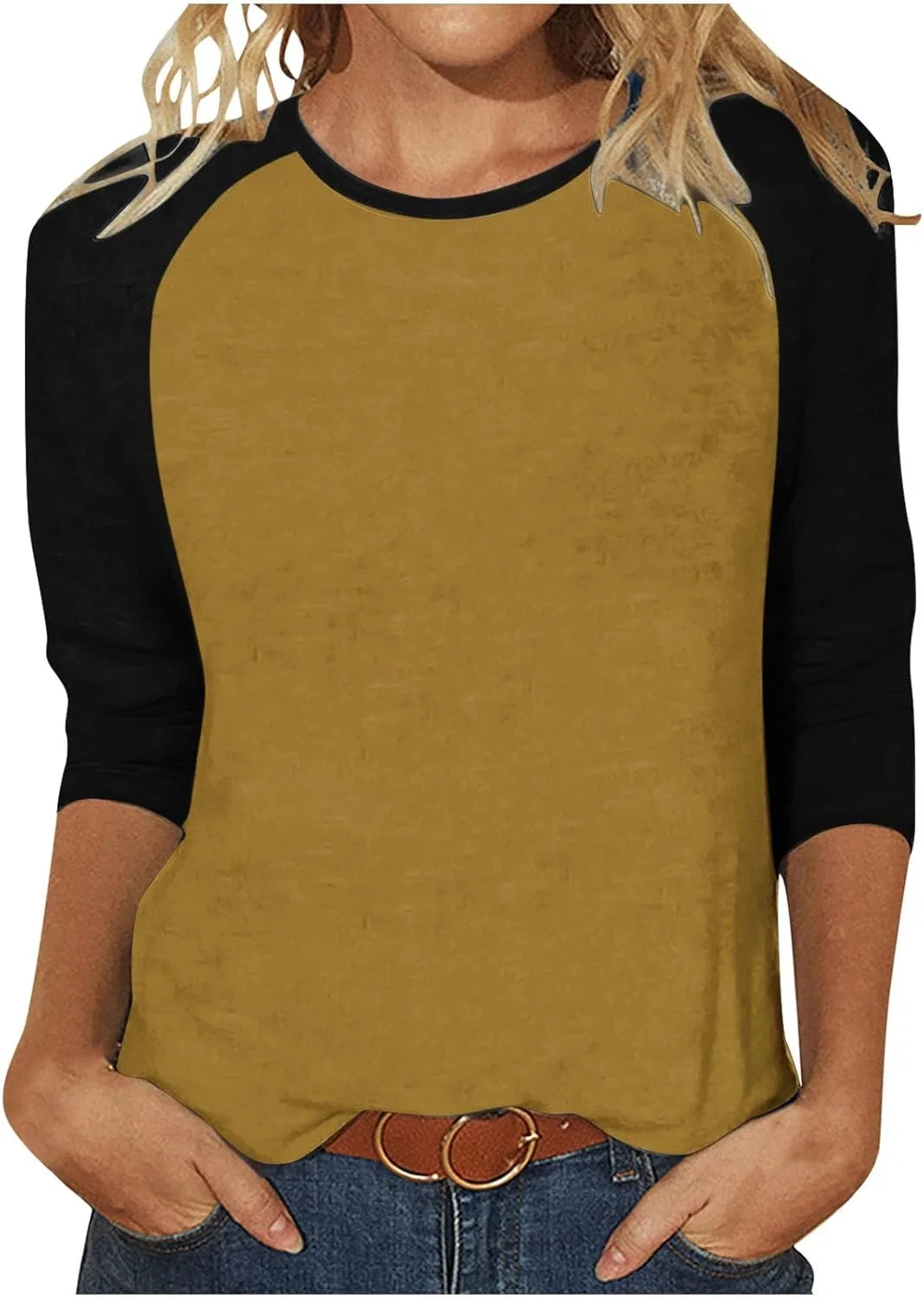 Женская свободная блуза с длинным рукавом 3/4 Color Block, Gold