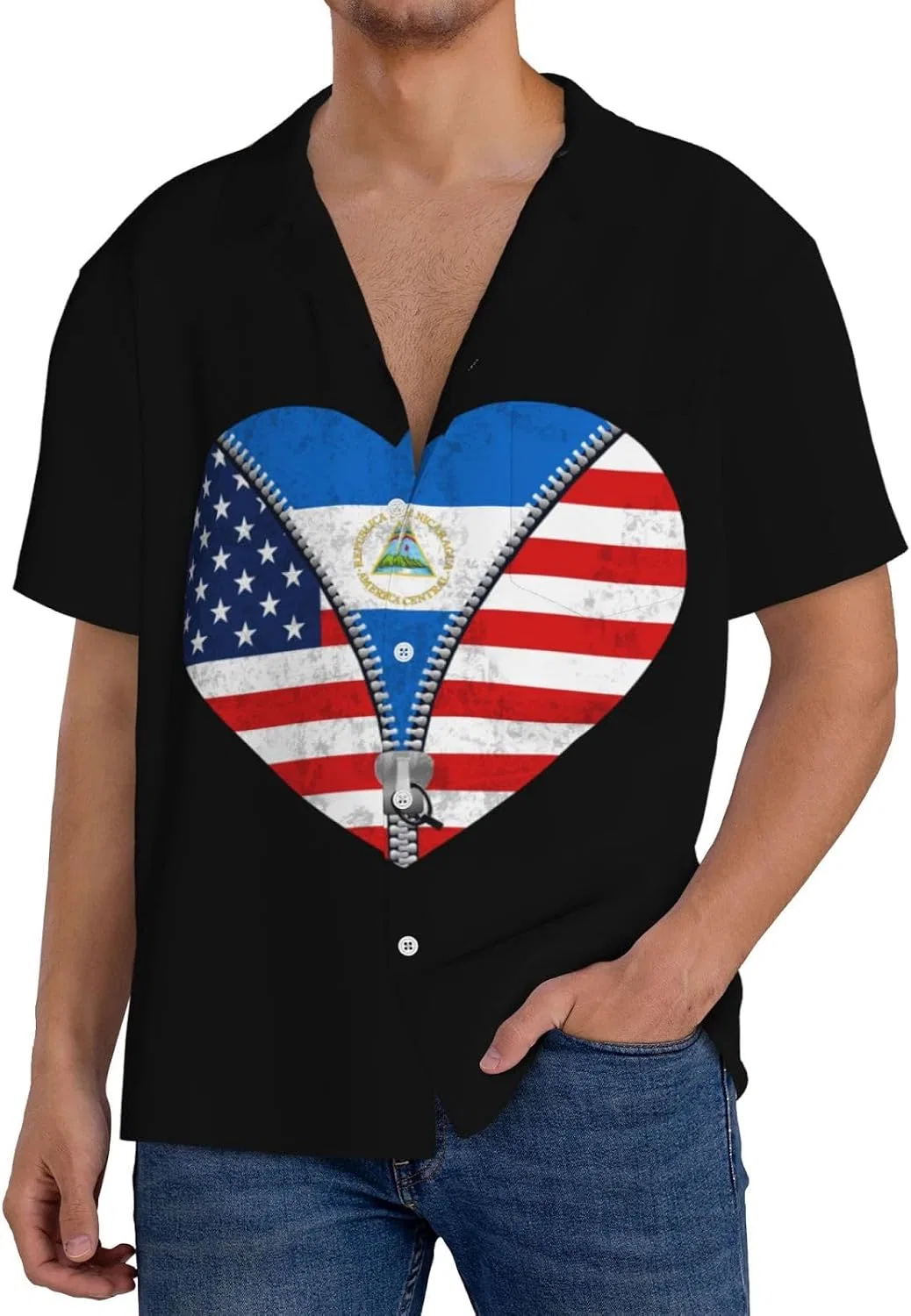 Мужская рубашка с флагами Америки и Никарагуа Cuba Collar, Black