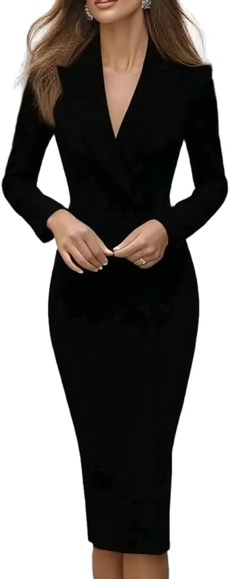Женский пиджак-платье с V-образным вырезом Bodycon, Black