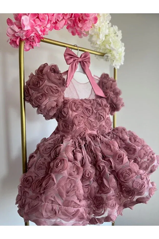 Детское платье для девочек с коротким рукавом Uraztasarım, Rose Dried, Damson — фото 3