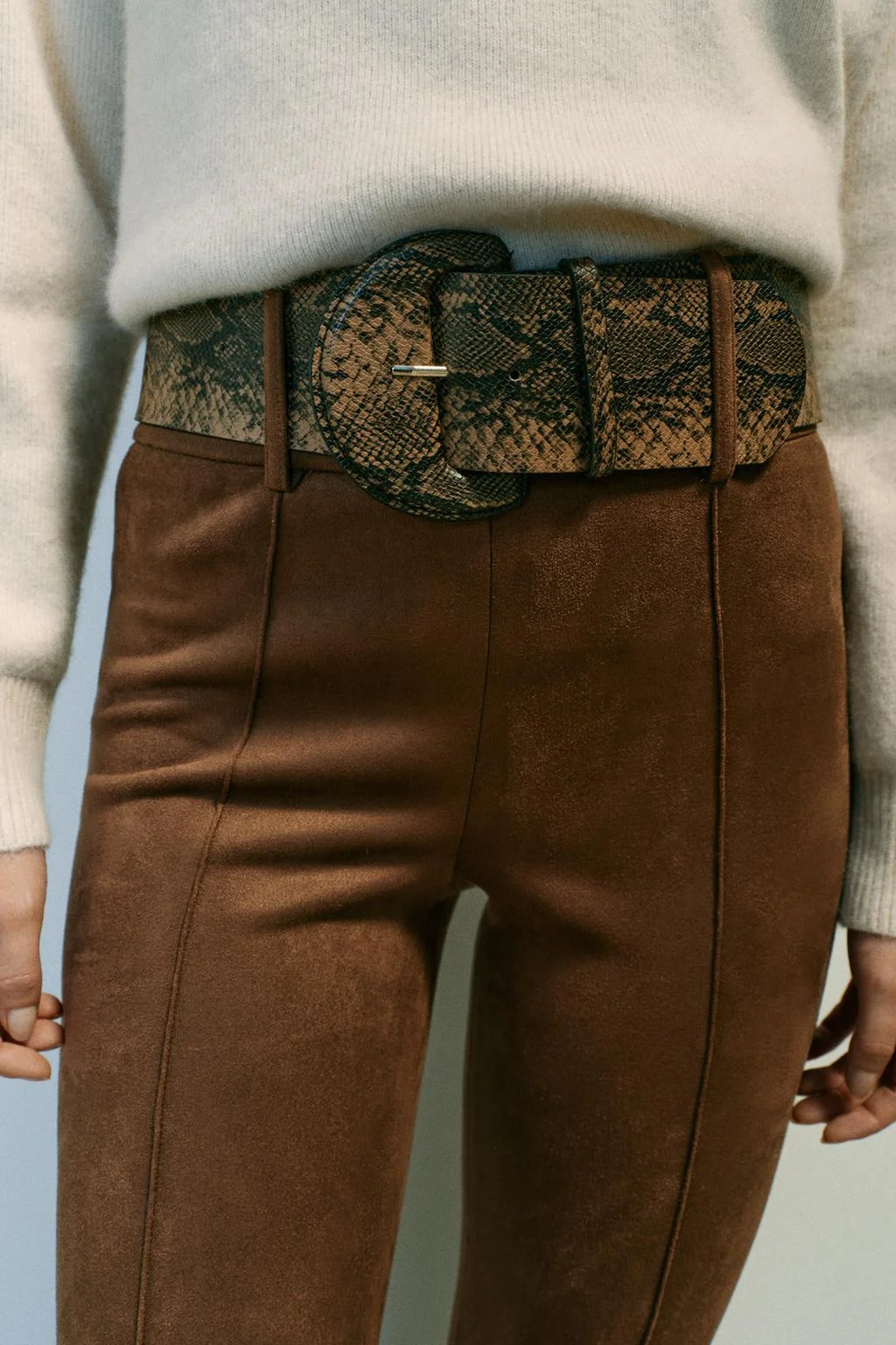 Леггинсы Zara с эффектом замши и поясом, верблюжий — фото 4