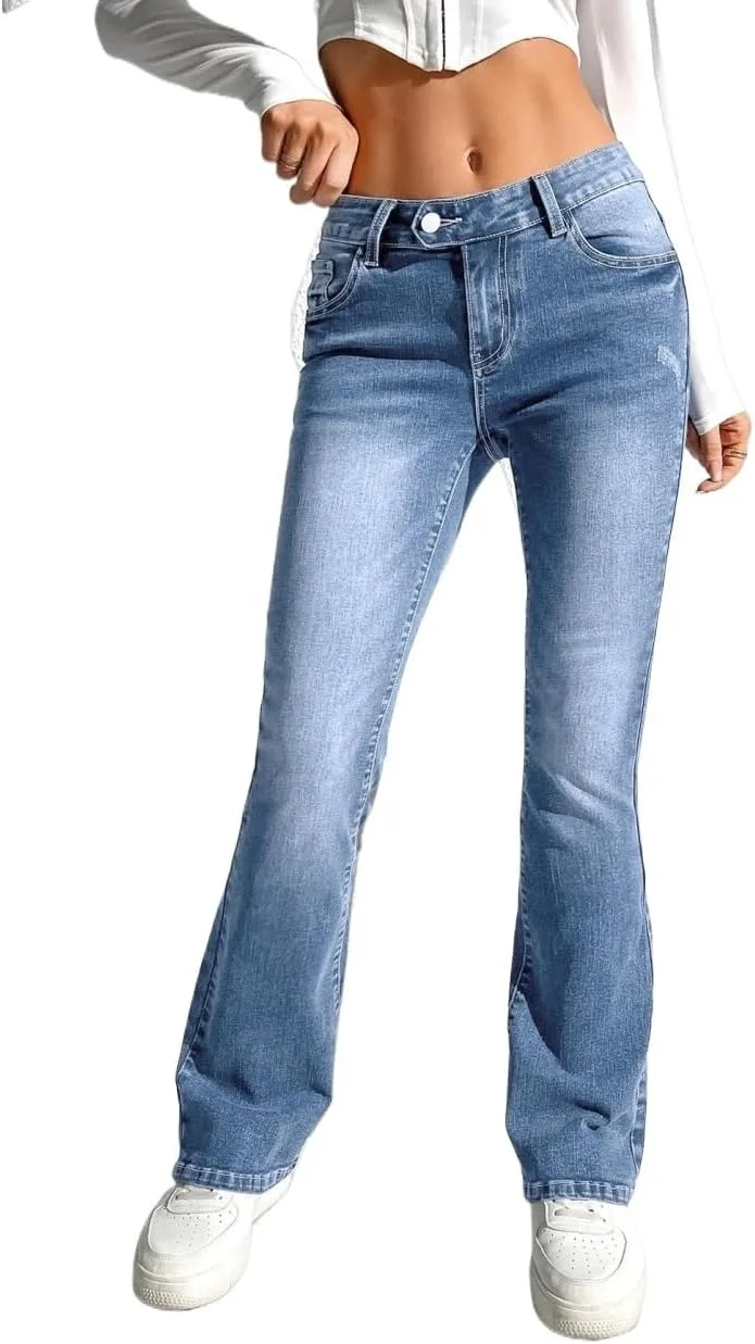 Женские низкие расклешенные джинсы утолщенный деним Generic, Medium Wash