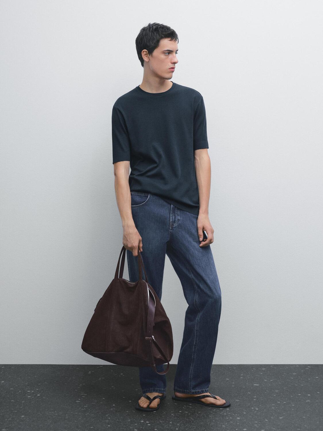 

Футболка из 100% хлопка с ребристой отделкой Massimo Dutti, темно-синий