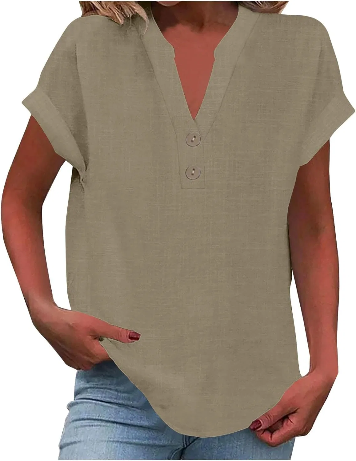 Женская блуза с v-образным вырезом, Cotton Linen, цвет 6#khaki