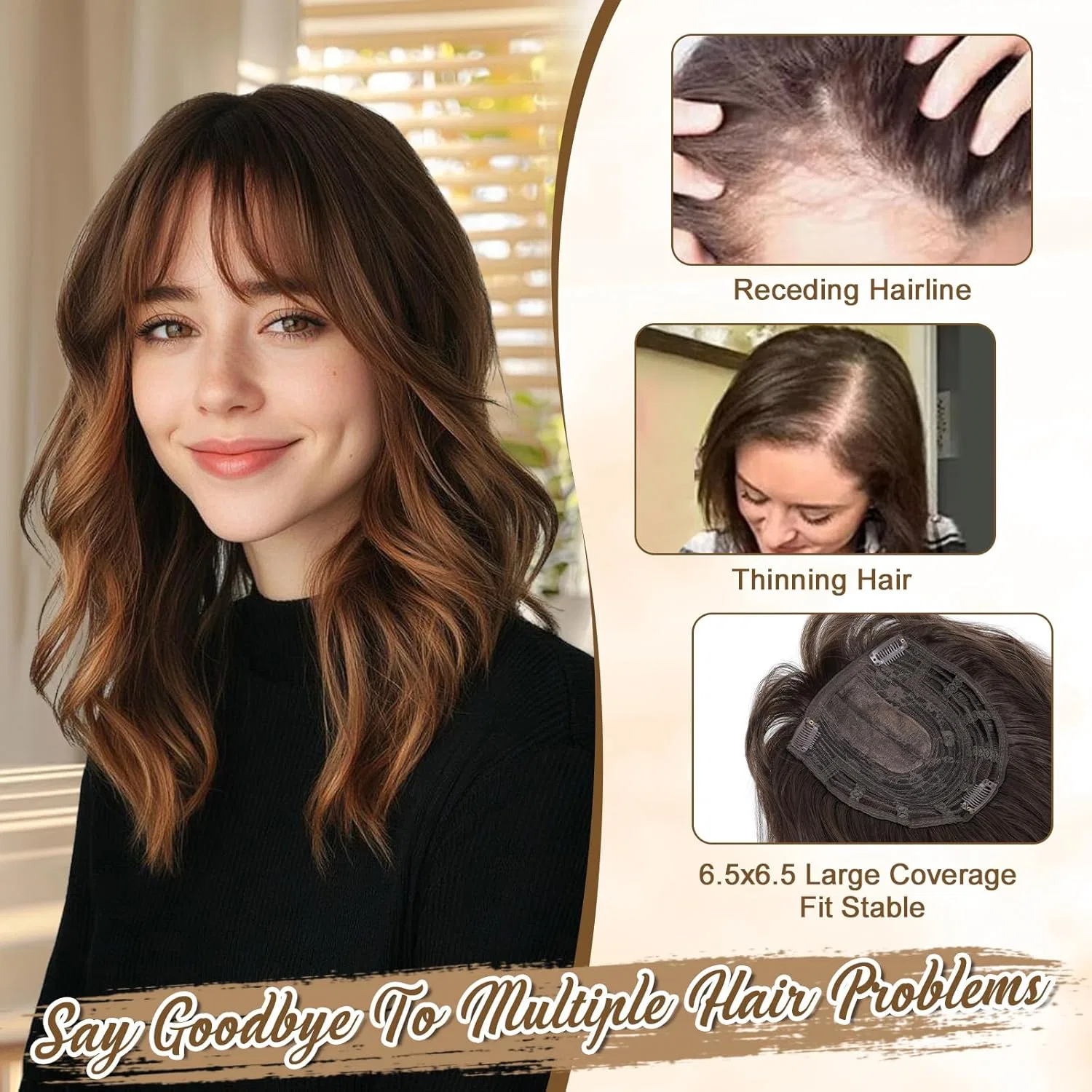 Накладка на макушку с челкой для тонких волос Flyroseing Flyroseing, Chocolate Brown — фото 4