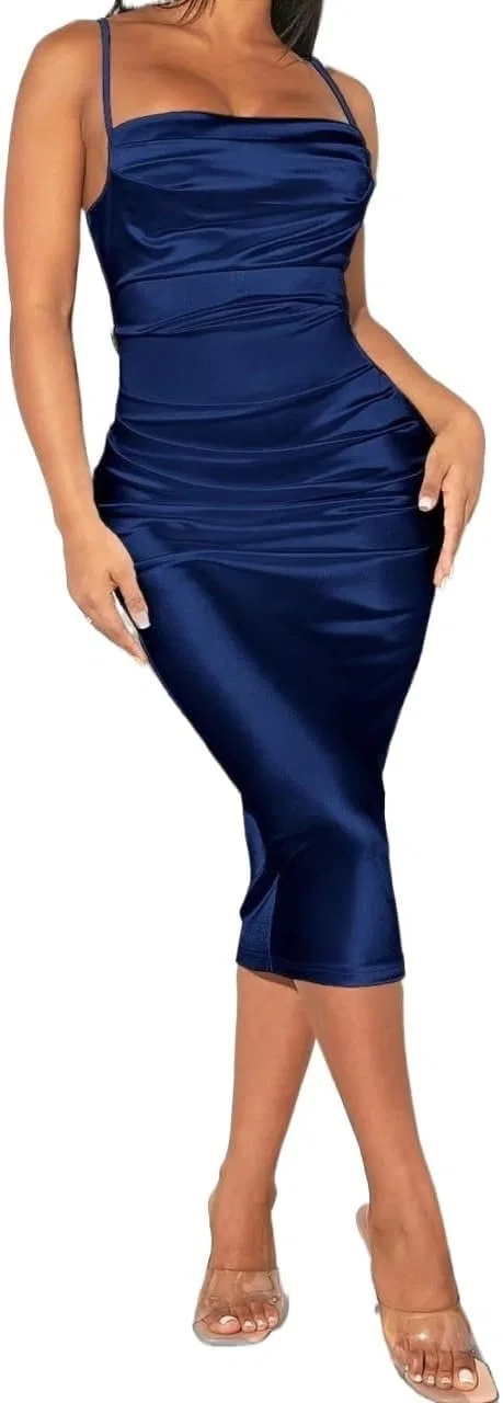 Женское платье-миди с заниженной талией на тонких бретелях, Navy Blue