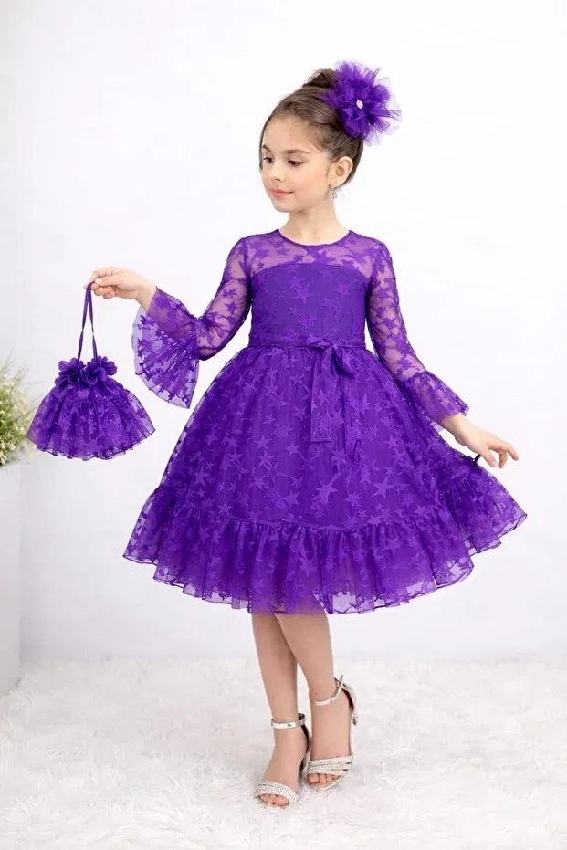 Детское платье для девочек с принтом Star patterned tulle detailed long sleeve girl's invitation and birthday dress Size Kids, Purple