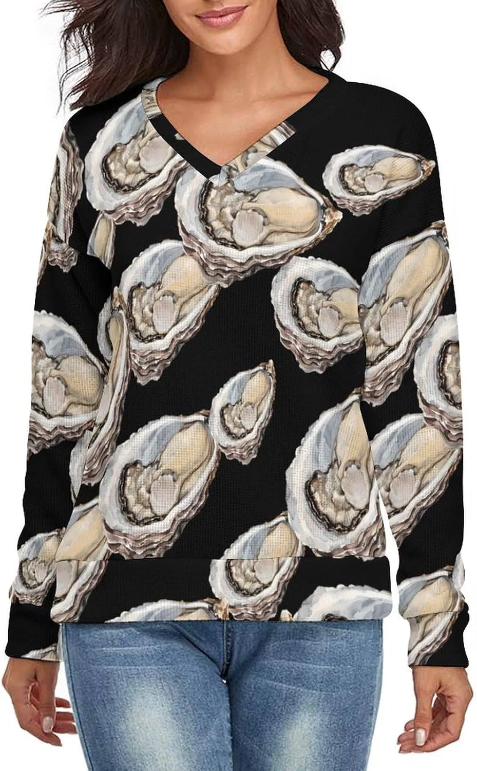 Женский свитер с V-образным вырезом с принтом, Seafood Oyster