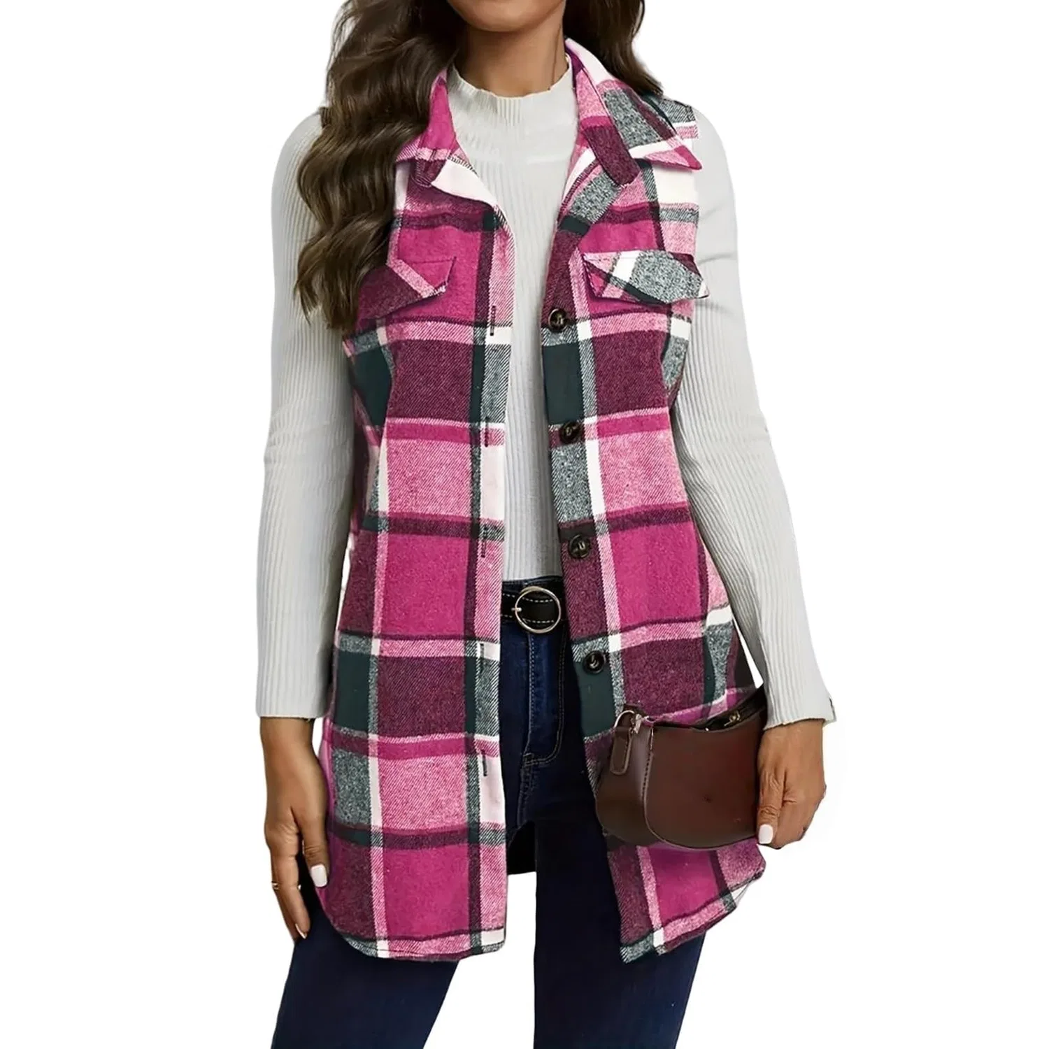 Женский жилет с принтом Plaid Gilet Button Down Senza Maniche Camicia Giacca, rosa