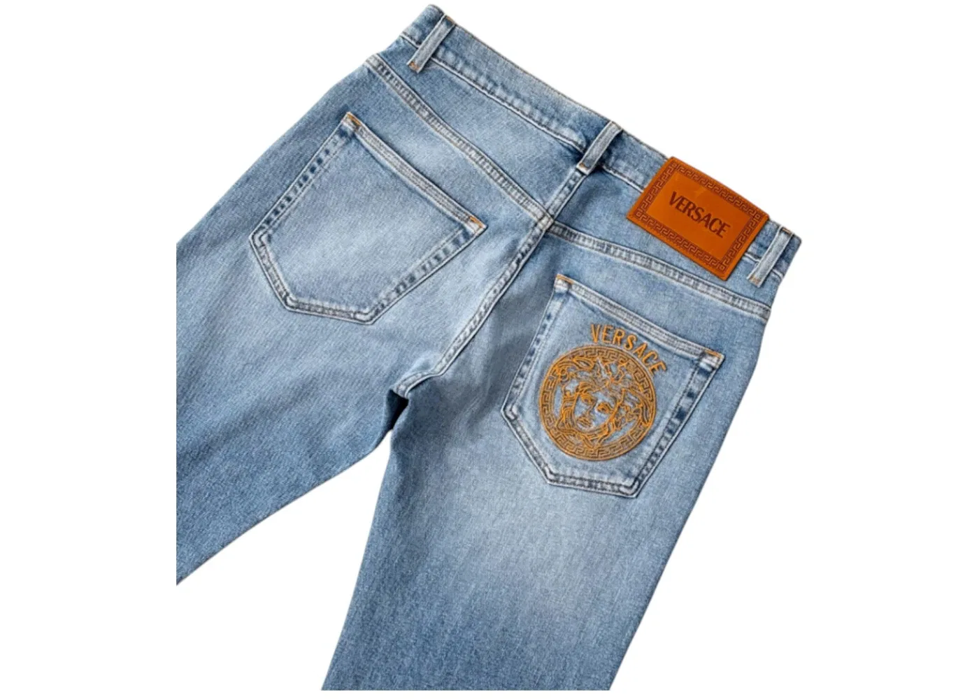 Мужские джинсы прямого кроя с вышитым логотипом Versace, Washed Light Blue — фото 3