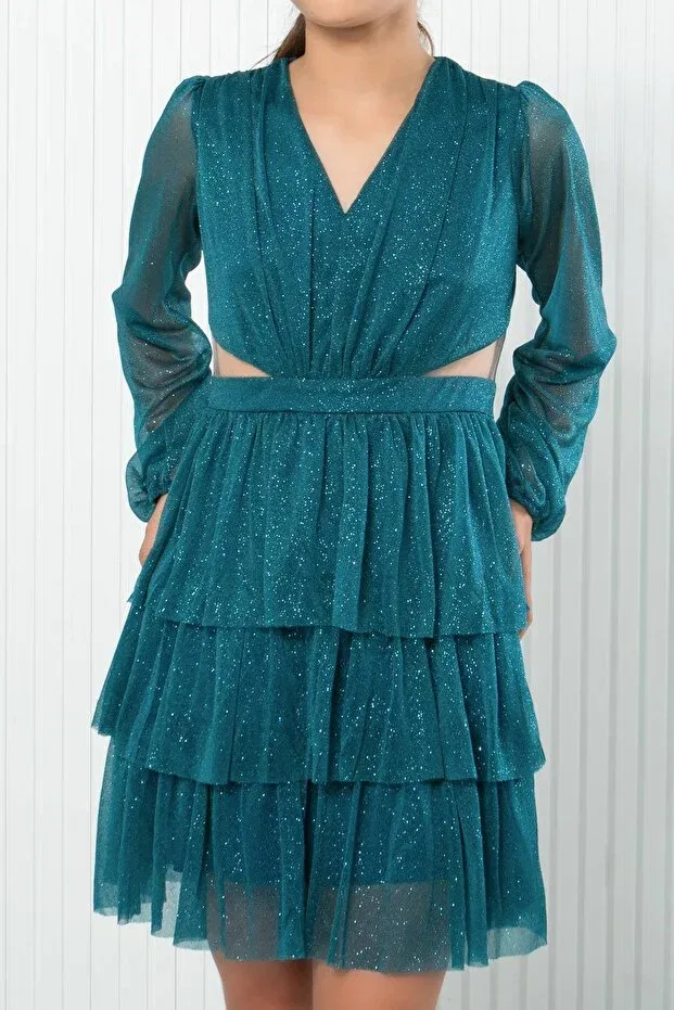 Детское вечернее платье с воланами Ruffled Glitter Tulle Children's Evening Dress Petrol Subu Tasarim, Turquoise — фото 2